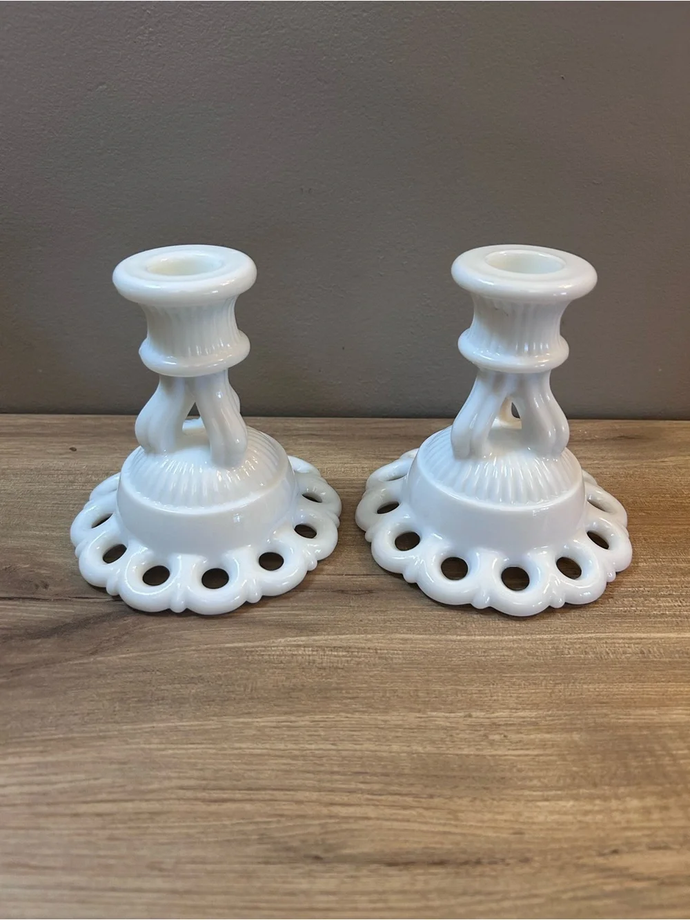 White Milk Glass Candlestick Holders - Pair